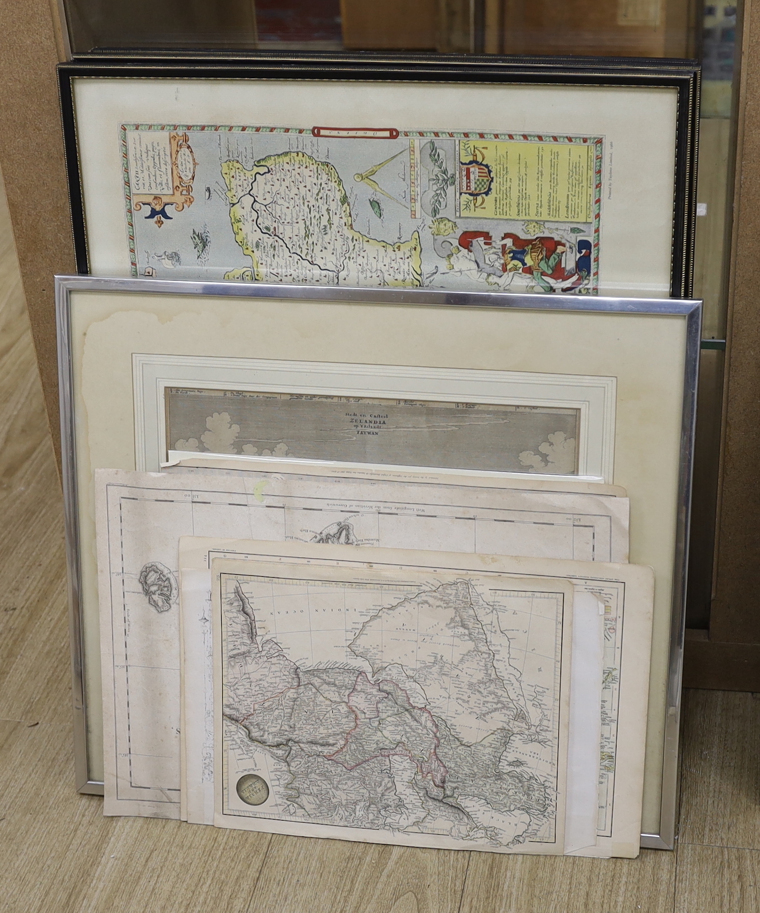 Collection of antique and later maps, mostly unframed to include, Persia & Arabia, publ. 1825, A & S Arrowsmith, Australia, engraved by FP Becker, hand coloured map of Taiwan and Chart of the Society Isles discovered by